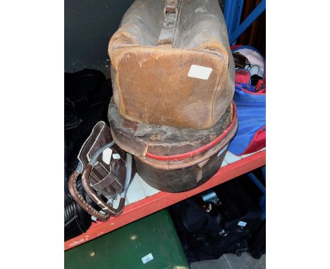 An old leather hat's box, a Gladstone type bag and a shooting stick. 