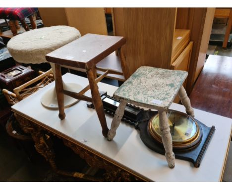 Three vintage stools and a barometer. 