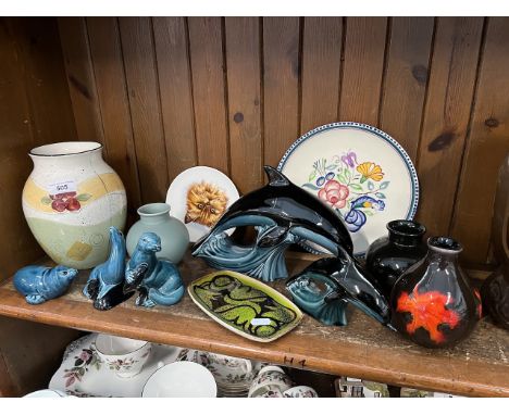 12 items of Poole pottery including Aegean rectangular dish and 13cm high Forest Flame vase 