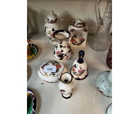 6 items of Masons Blue Mandalay pottery inc. tea caddy, trinket box, jugs, vases, etc. 