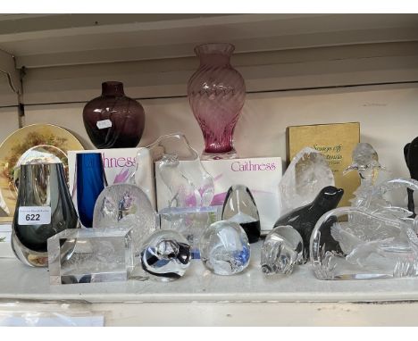 A collection of glassware including Caithness boxed vases, Waterford crystal bell, various glass paperweights including signe