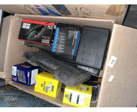 A box of various small tools to include engraving tool, bricklayers kit, drill bit sets, cable clips, 12" tile cutter, etc. 
