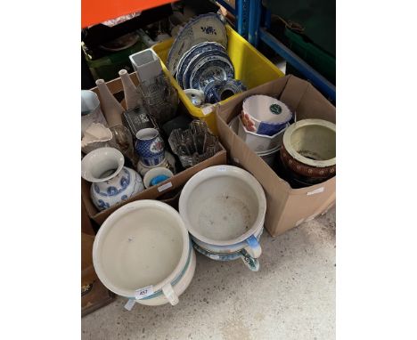 A box of blue and white ware, a box of mixed vases, a box of plant pots and four ceramic potties. 