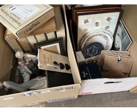 Two boxes of mixed collectables including figurines, bird collectors plates, pictures, frames, a framed set of cigarette card