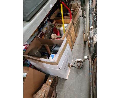 2 boxes of garageware / tools, 1 box of camping equipment and a 1930s Parkinson's model F vice, No 8. 