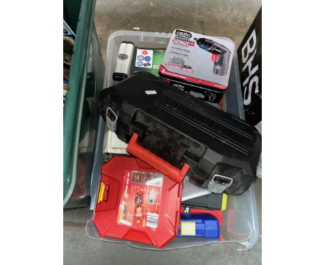 A selection of small boxed tools to include soldering station, cordless screwdriver, woodburning tool set, drill bit sets, a 