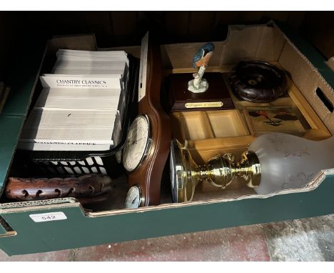 A barometer, lamp, glass lidded display case, train postcards etc 