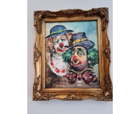 William Moniet, oil on board, portrait of two clowns, signed lower left, 19.5cm x 24.5cm, framed. 