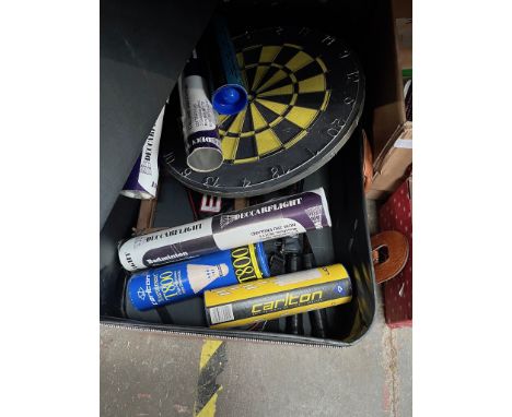 A box of sporting equipment including darts and boards, badminton racquets and shuttles etx 