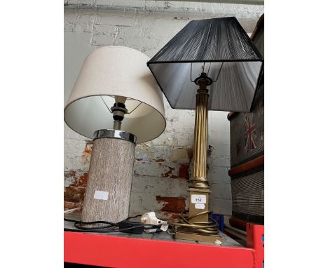 A brass column table lamp and another. 