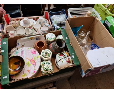 Two boxes of mixed pottery and glass including Mason's, Royal Doulton, Poole pottery, Portmerion, South American vases etc. 