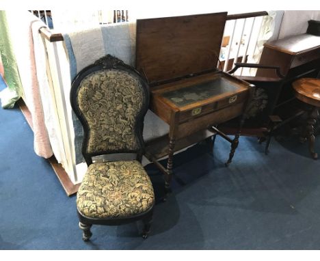 A campaign style desk, fire screen and a nursing chair