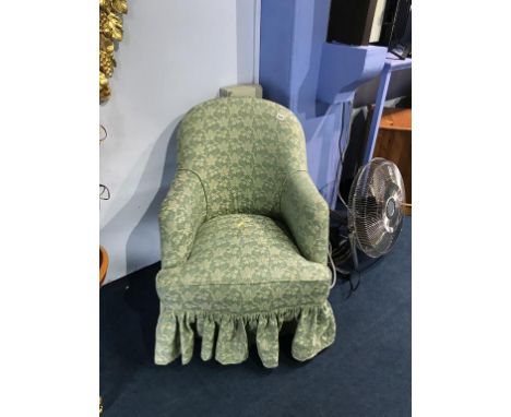 Modern green floral bedroom chair, 63cm wide x 83cm high, seat 46cm deep