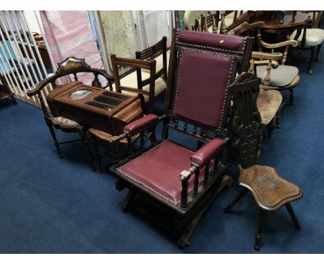 Edwardian corner chair, American rocking chair, oak wall clock etc.