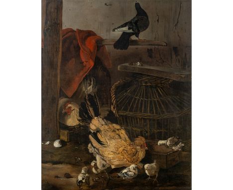 Victors, Jacobus (Jacomo) (Amsterdam 1640-1705) , zugeschriebenGeflügelhof mit Hennen, Küken und Taube neben Korb und rotem T