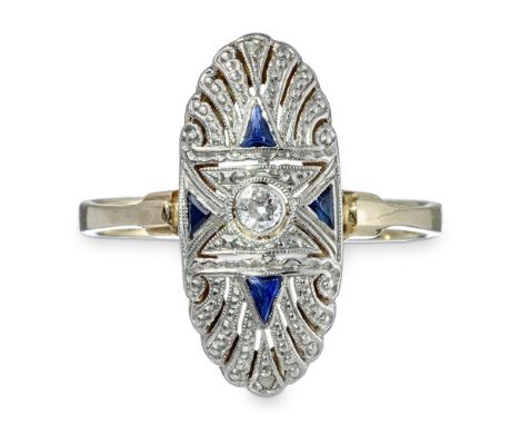 Zarter Diamant-Saphirring  Art-Deco-Form. 585/f. Gold, teilweise rhodiniert. Oval, durchbrochen. Ausgefasst mit winzigem Diam