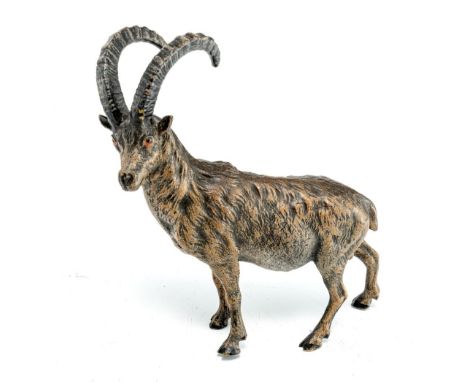 Steinbock  Bronze, farbig gefasst in Braun, Schwarz und Grau. Ges.-H. 11 cm. Gießerstempel unleserl. Vgl. "Steinbock" von Fra