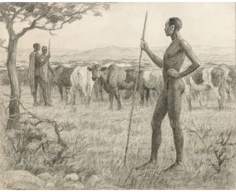 Kuhnert, Wilhelm (Oppeln, Flims/Graubünden 1865-1926) , Art desMassai-Hirten mit Kühen unter Schirmakazie in der Savanne  Ble