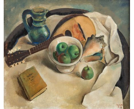 Glatz , Albert (um 1934) Stillleben mit Obstschale, Muschel und Krug, Mandoline und Buch  Sign. u. dat. 1934. (undeutl. lesba