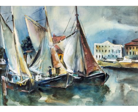 Jacobi , Rudolf (Mühlhausen/Thür., München 1889-1972) Aufgetakelte Segelboote in einem südlichen Hafen  Sign. u. dat. (19)29.