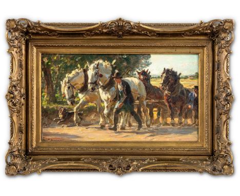 Junghanns, Julius Paul  (Wien, Düsseldorf 1876-1958) Bauern mit Pferdegespann  Sign. Öl auf Lwd. 28,5×50,5 cm. R.  (60829)