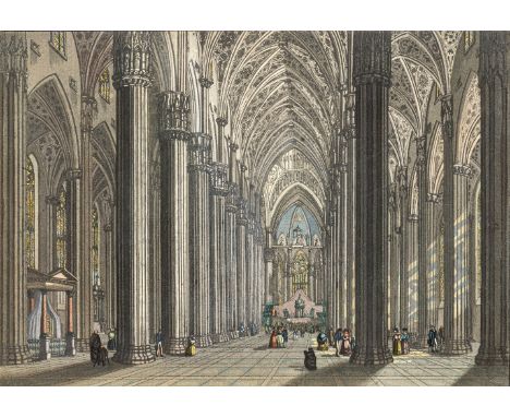 Mailand (19. Jh.) Außen- und Innenansicht des Mailänder Doms  Zwei Aquatinta-Radierungen auf Bütten. 16×22 / 15,5×21,8 cm. Rü