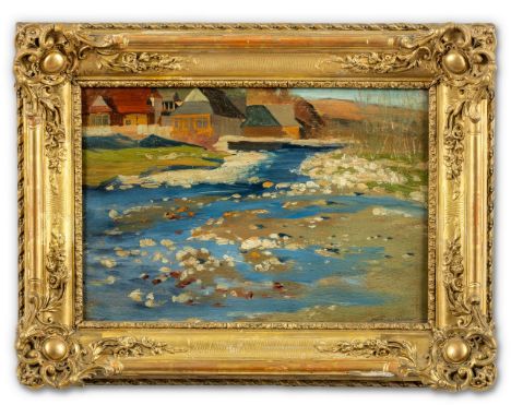 Katona, Nándor  (Szepesófalu, Budapest 1864-1932) Häuser am Bach bei Zakopane  Sign. Öl auf Sperrholzplatte. Ca. 27,5×40,5 cm