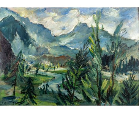 Heckendorf, Franz (Berlin, München 1888-1962) Schweizer Gebirgslandschaft mit Flusstal  Sign. u. dat. (19)28. Öl auf Hartholz