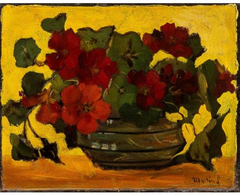 Martin , Wilhelm (Quakenbrück, Den Haag 1876-1954) Blumenstillleben auf gelbem Fond   Bez. Öl auf Sperrholz. 24×30 cm. R.  (6