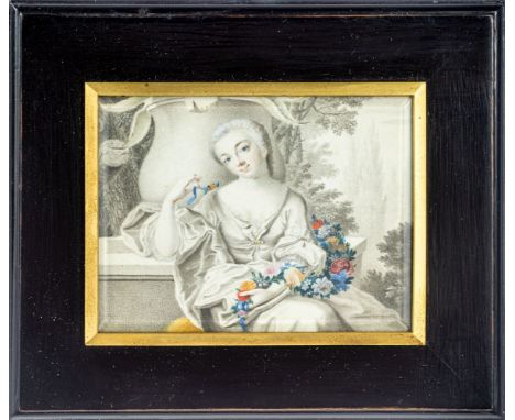 Klingstedt, Karl Gustav (Riga, Paris 1657-1734) , NachahmerGalante Dame mit Blütengirlande  vor Steinvase in Parklandschaft. 