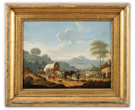 Genremaler (um 1830)Hügelige Landschaft mit Dorfgemeinschaft vor Wirtshaus, Planwagen und Reitern  Öl auf Lwd. (doubl.). 31,5