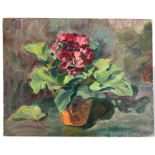Dittberner, Paula (geboren vor 1900), Ölgemälde Stillleben Primeltopf auf Gartentisch