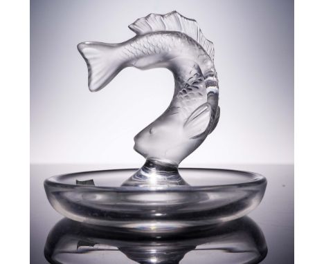 Delicate Lalique crystal ring dish featuring a frosted crystal fish poised upright in a graceful arc atop a clear circular ba