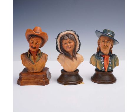 A charming trio of carved and painted bust sculptures by Anri, each signed by noted artist Edward Rohn. The grouping includes