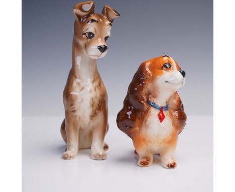 Glazed ceramic figurine set featuring characters Lady and Tramp from Walt Disney's 1955 animated film, "Lady and the Tramp". 