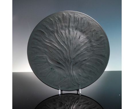 This is a sophisticated Lalique France Algues Noir Tree of Life plate in black frosted crystal, featuring an abstract, tree-l