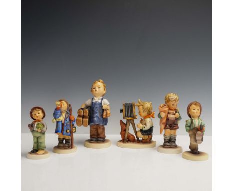 Group of six  figurines featuring children in everyday and nature themed scenes. Highlights include Hear Ye, Hear Ye, Globe T