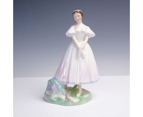 This Royal Doulton La Sylphide HN2138 figurine features a young woman in a pearlescent white off-the-shoulder gown with soft 