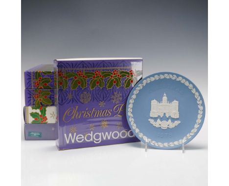 A collection of five Wedgwood Blue Jasperware Christmas plates, each crafted in classic Jasperware style with white relief on