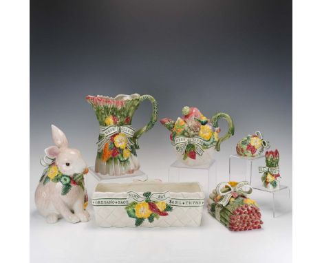 Charming 7 piece ceramic serve ware including 1 pitcher, 1 cookie jar and lid, 1 asparagus box with lid, 1 lidded teapot, 1 p