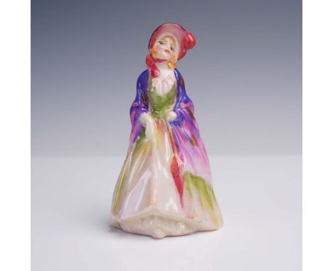 This hand-painted Royal Doulton bone china figurine, titled The Paisley Shawl, model M.4, showcases a seated lady in a vivid 