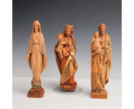 Set of three hand-carved and hand-painted wood figurines by Anri, Italy, depicting prominent Christian devotional subjects. T