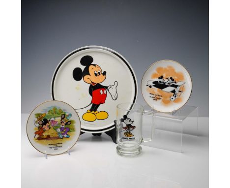Collection of four vintage Walt Disney items celebrating Mickey and Minnie Mouse, including two decorative porcelain plates, 