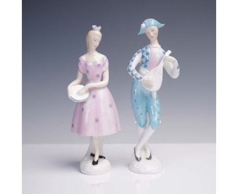 Two Royal Doulton bone china figurines. "Columbine" is depicted wearing a soft pink dress adorned with stylized purple flower