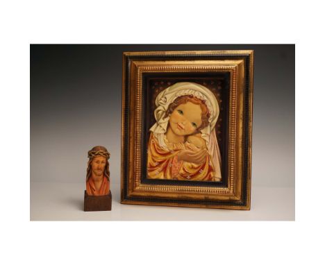 This 2-piece ANRI set includes a finely detailed hand-carved wood relief picture by Spanish artist Juan Ferrandiz, depicting 