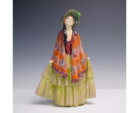 This Royal Doulton porcelain figurine titled Rhoda, model HN1573, captures a charming young woman in a layered green skirt an
