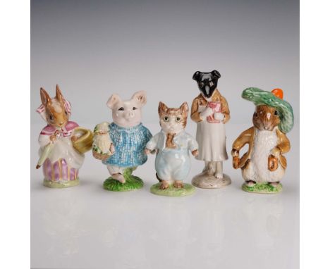 Charming set of five hand-painted porcelain figurines by Beswick, each portraying beloved characters from the Beatrix Potter 