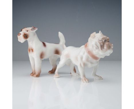 Pair of porcelain dog figurines  featuring a bulldog and a wire fox terrier in alert stances with soft brown and white glazed