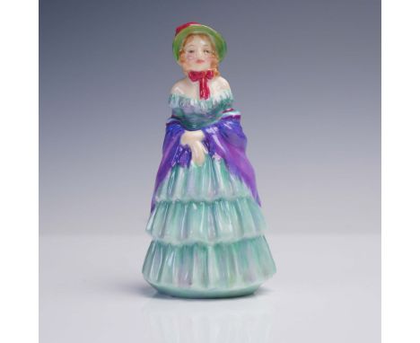 This Royal Doulton porcelain figurine titled A Victorian Lady (M2) depicts a classically dressed woman in a tiered green gown