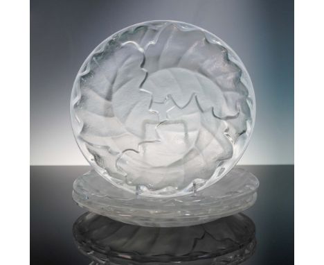 Set of three Lalique France frosted crystal plates featuring the iconic Chene oak leaf design. Each plate is crafted in clear